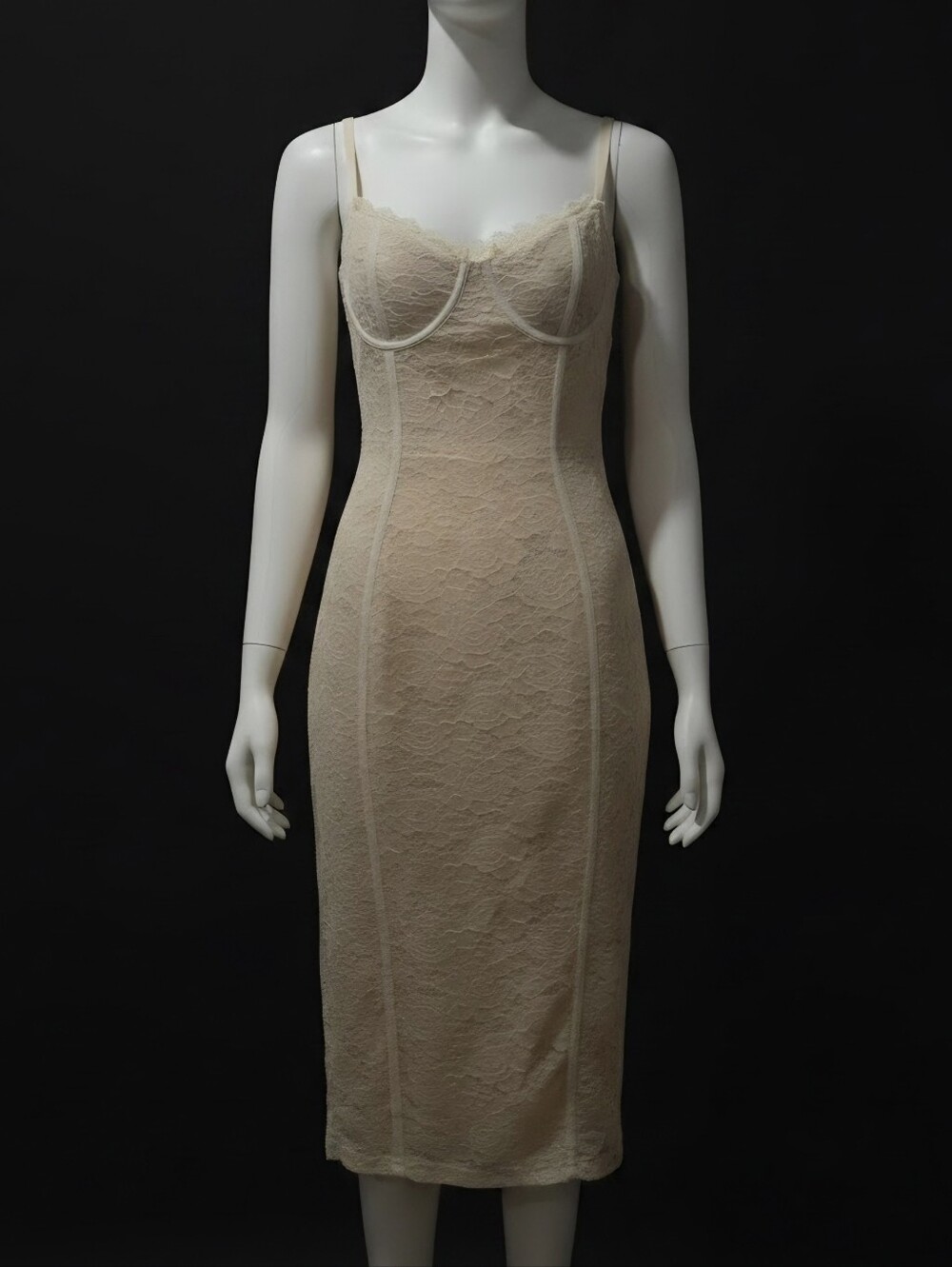 SHEIN Cream Lace Midi Slip Dress with Spaghetti Straps
